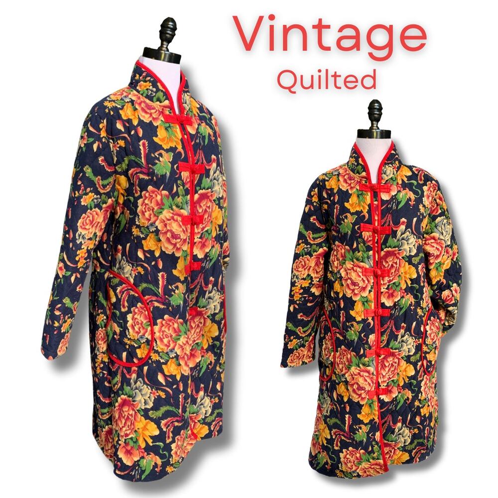 Vintage Quilted Coat Fall Winter Boho Floral ShabbyChic Lagenlook Chinoiserie